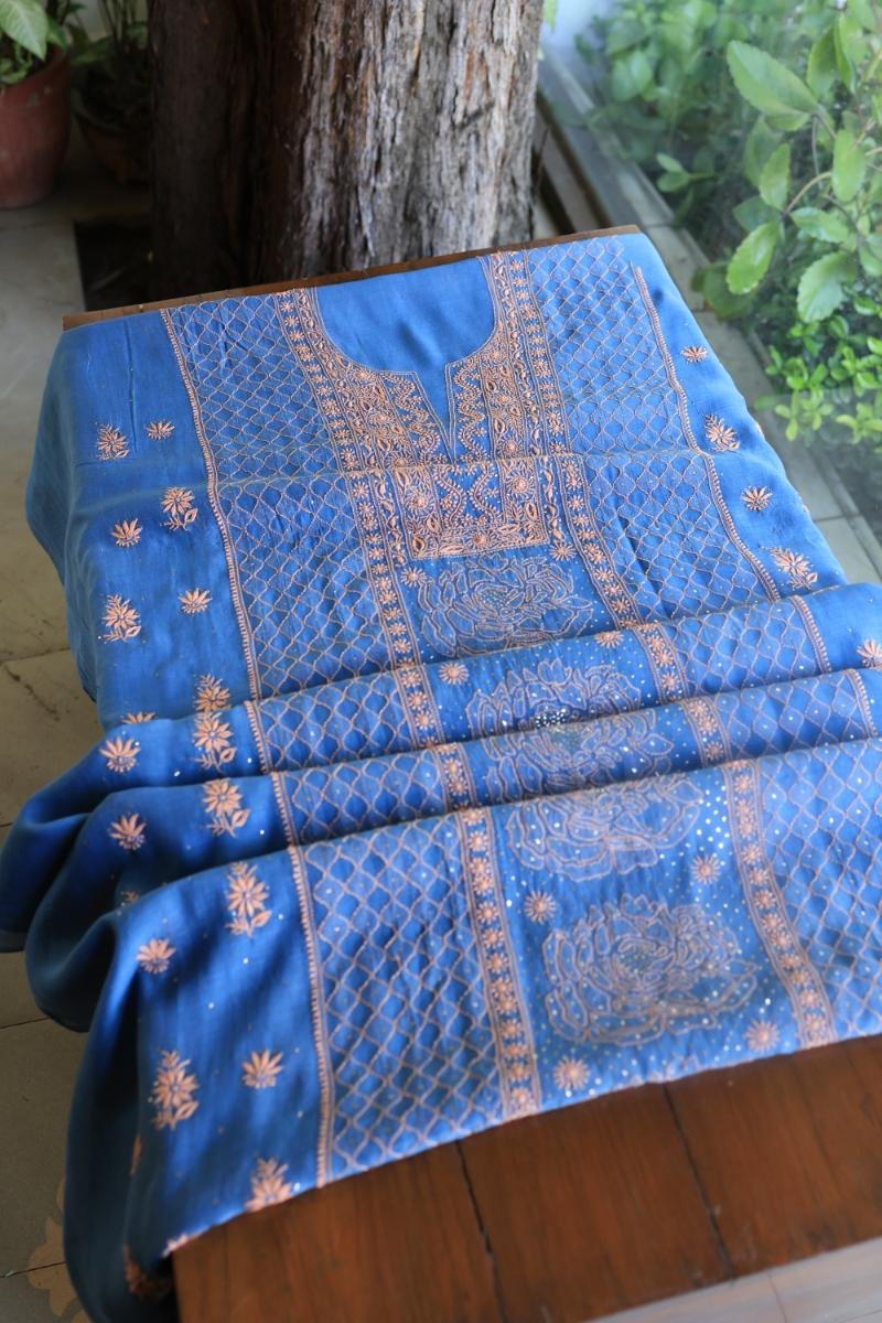Silk Blue Mal Cotton Fine Chikankari With Kamdani Work Unstitched Fabric