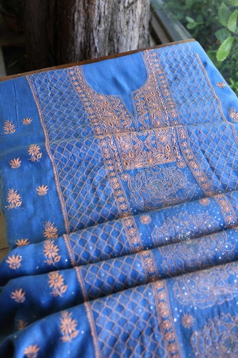 Silk Blue Mal Cotton Fine Chikankari With Kamdani Work Unstitched Fabric