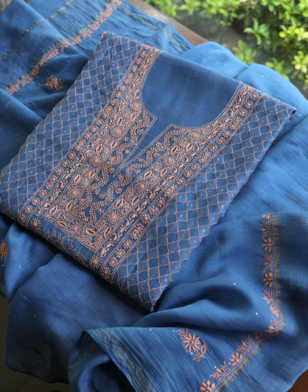 Silk Blue Mal Cotton Fine Chikankari With Kamdani Work Unstitched Fabric