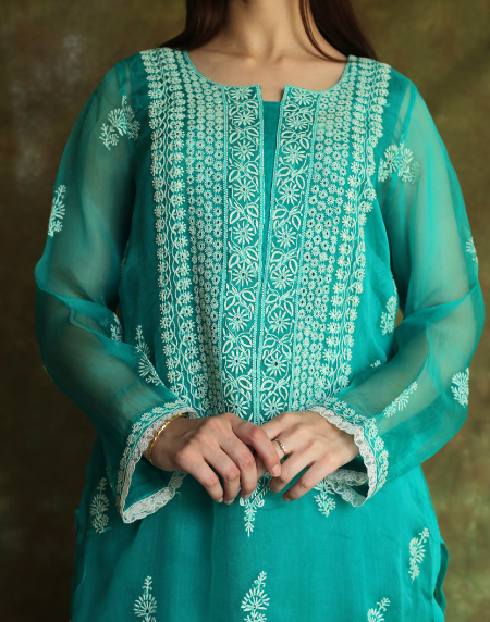 Teal Green Mukaish Kamdani Noor Organza Chikankari Kurta Set