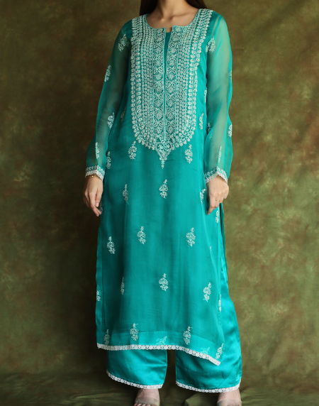Teal Green Mukaish Kamdani Noor Organza Chikankari Kurta Set