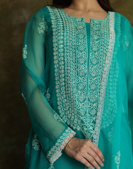 Teal Green Mukaish Kamdani Noor Organza Chikankari Kurta Set