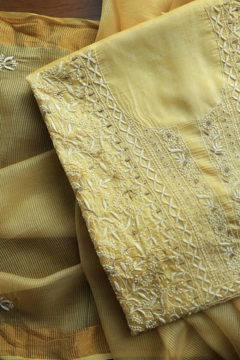 Yellow Paper Tussar Resham Chikankari Unstitched Kurta Dupatta Set