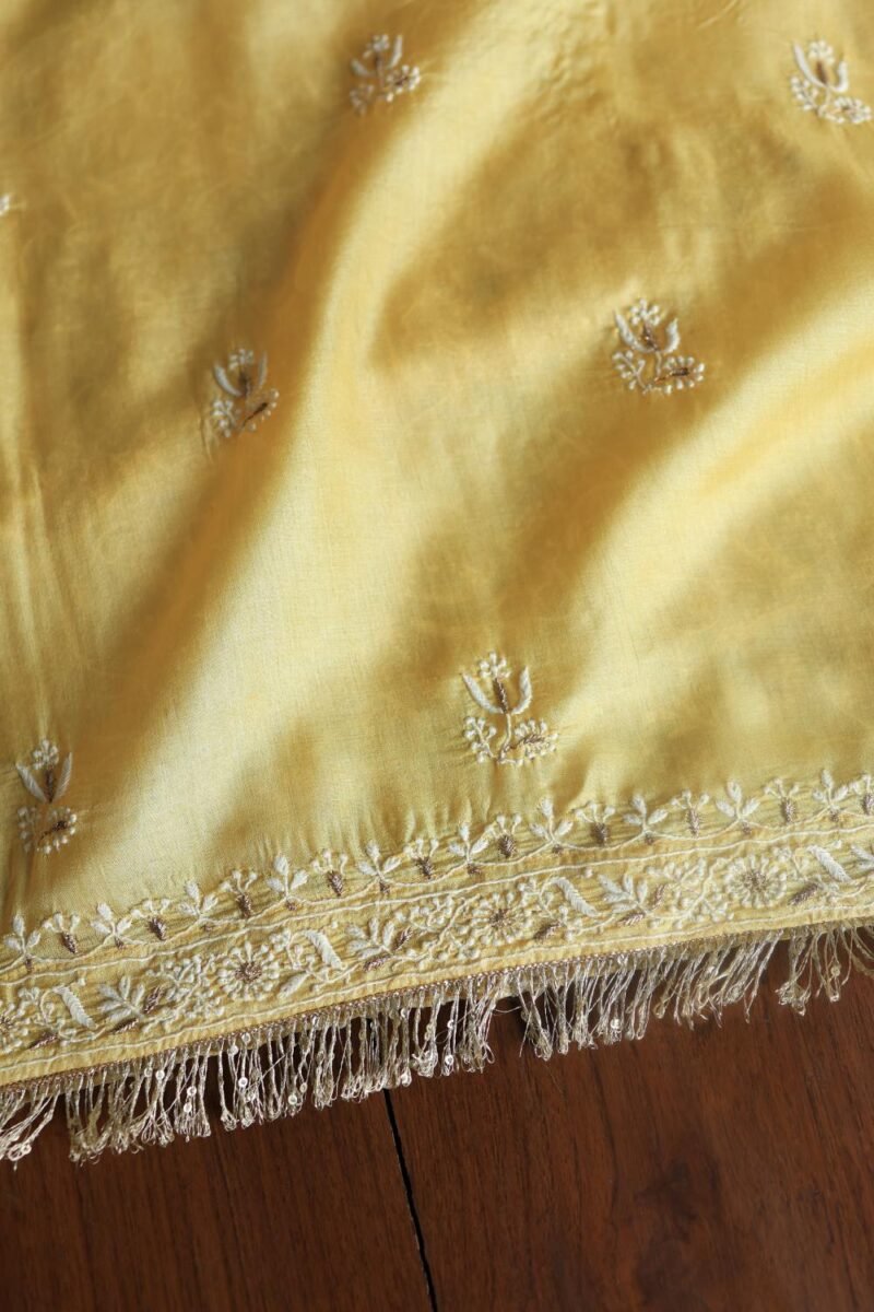 Yellow Paper Tussar Resham Chikankari Unstitched Kurta Dupatta Set