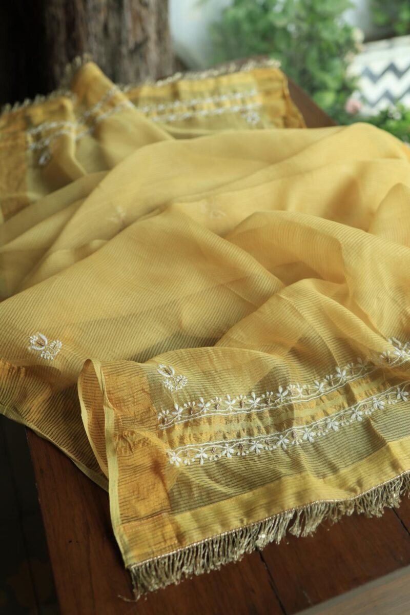 Yellow Paper Tussar Resham Chikankari Unstitched Kurta Dupatta Set