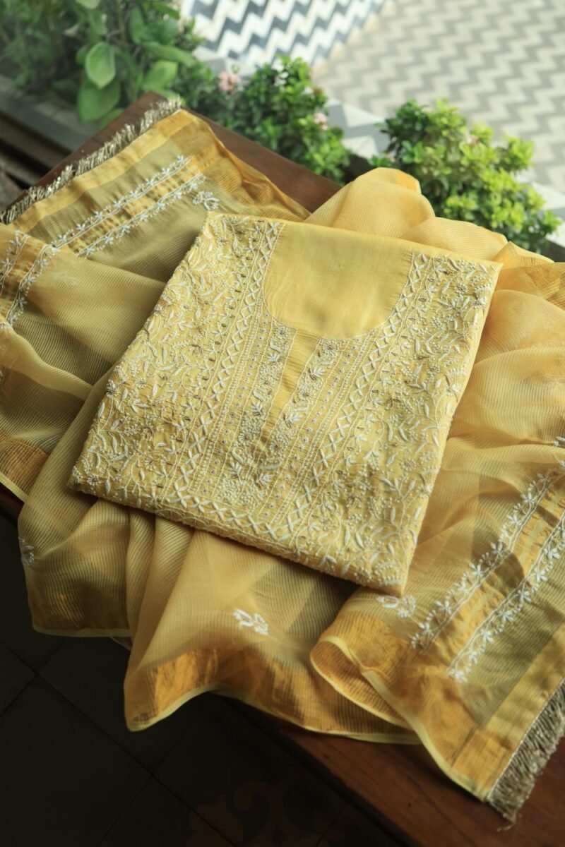 Yellow Paper Tussar Resham Chikankari Unstitched Kurta Dupatta Set