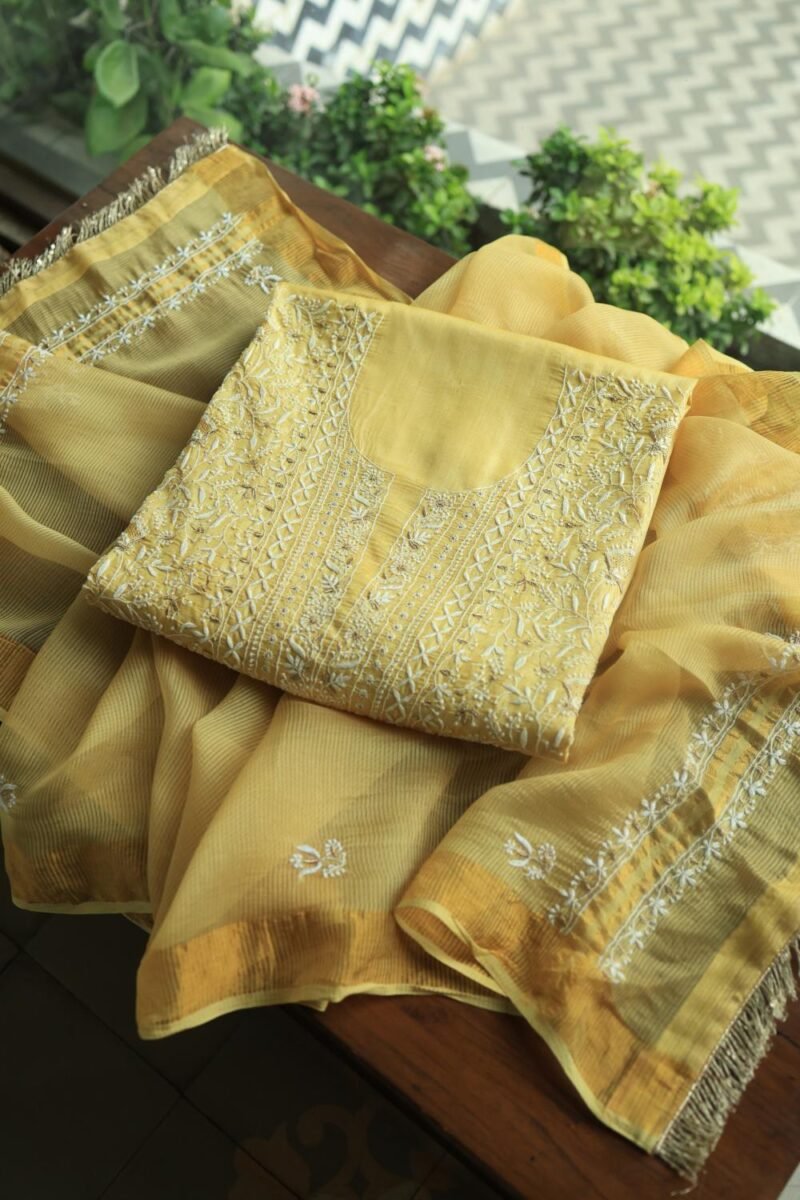 Yellow Paper Tussar Resham Chikankari Unstitched Kurta Dupatta Set