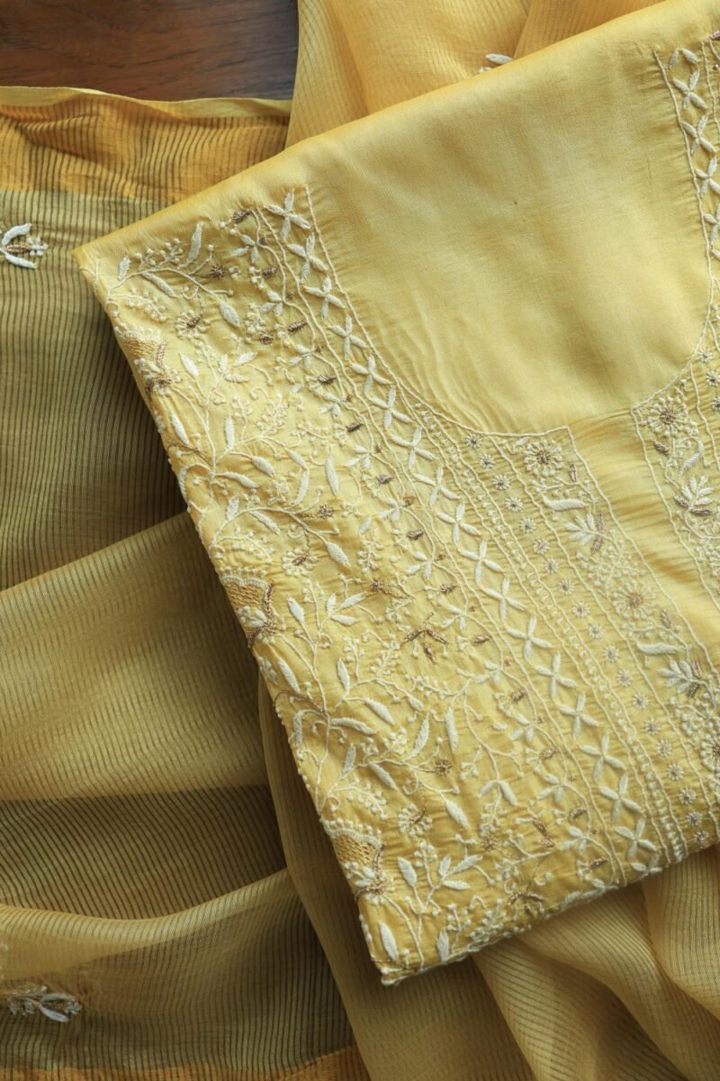 Yellow Paper Tussar Resham Chikankari Unstitched Kurta Dupatta Set