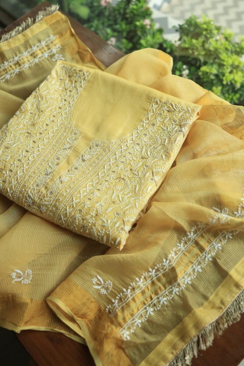 Yellow Paper Tussar Resham Chikankari Unstitched Kurta Dupatta Set