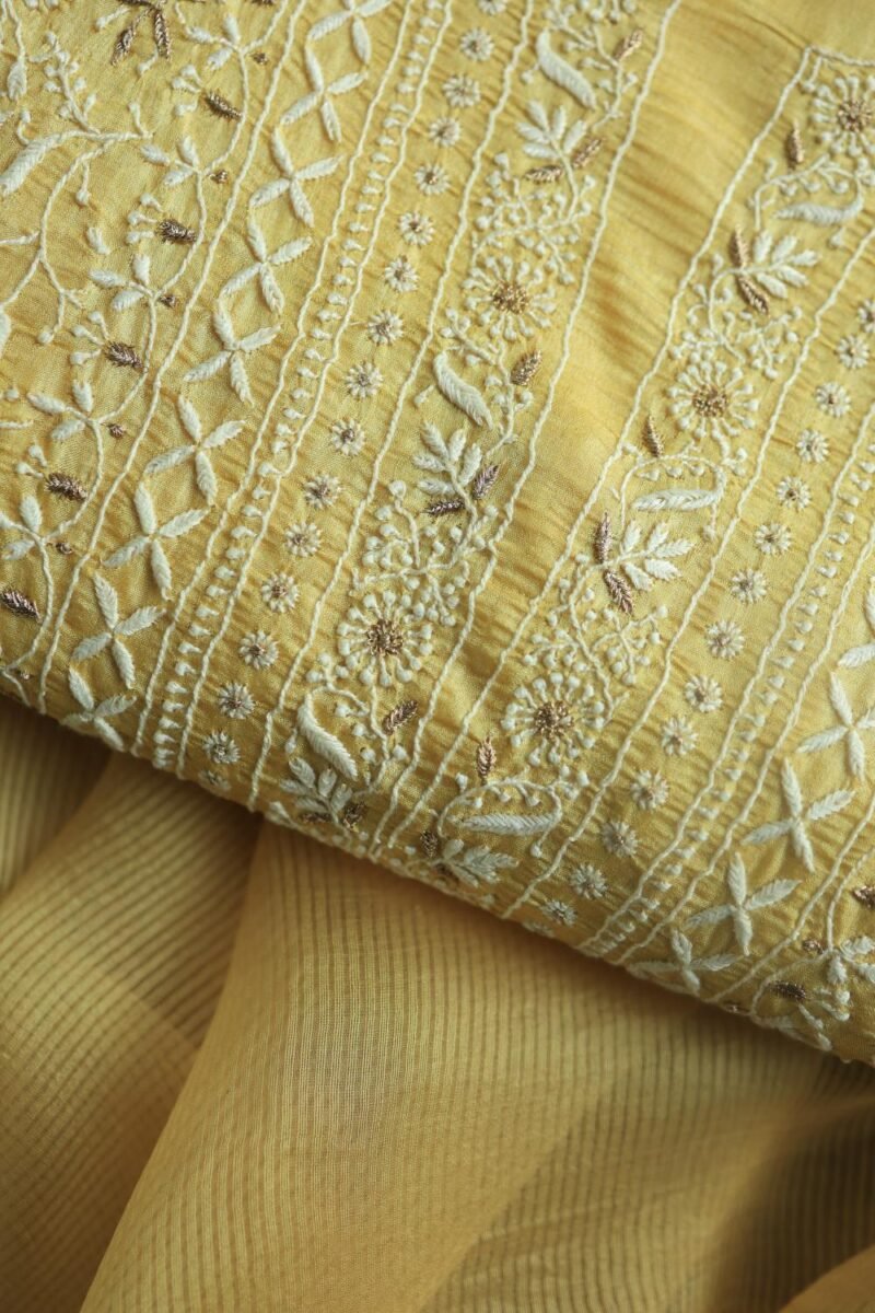 Yellow Paper Tussar Resham Chikankari Unstitched Kurta Dupatta Set