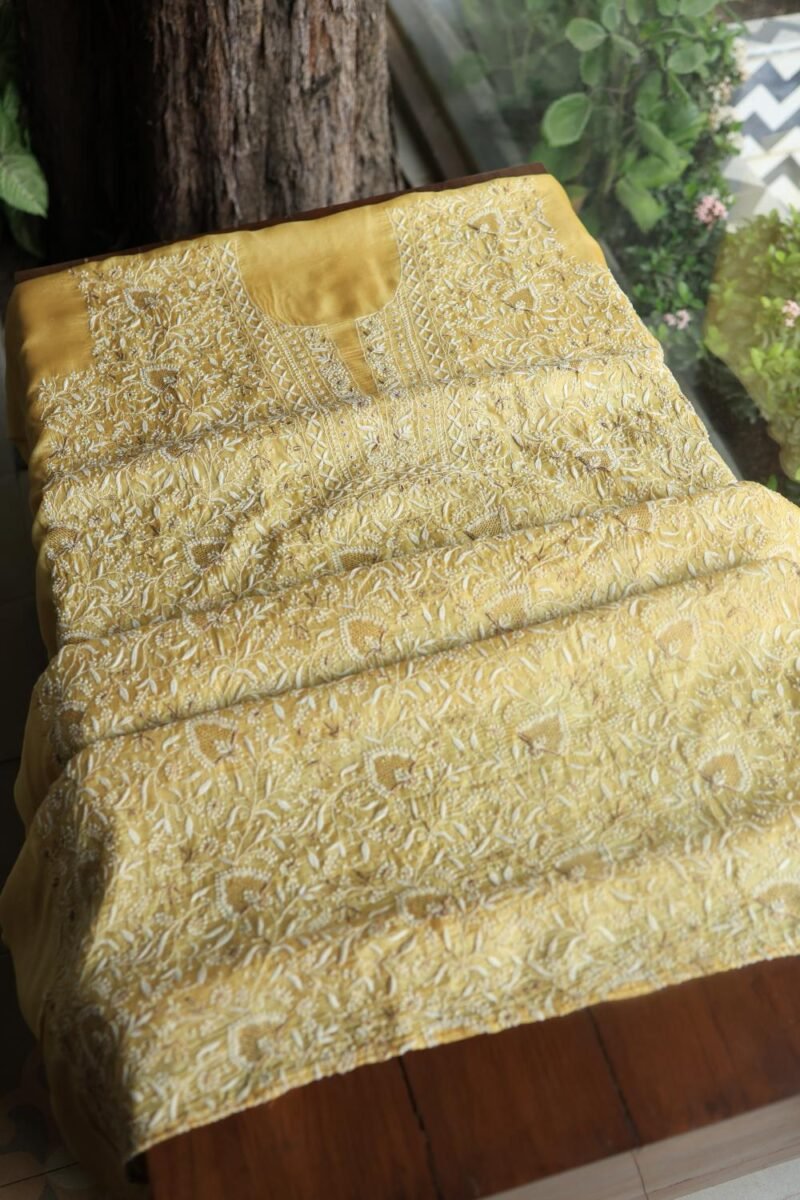 Yellow Paper Tussar Resham Chikankari Unstitched Kurta Dupatta Set