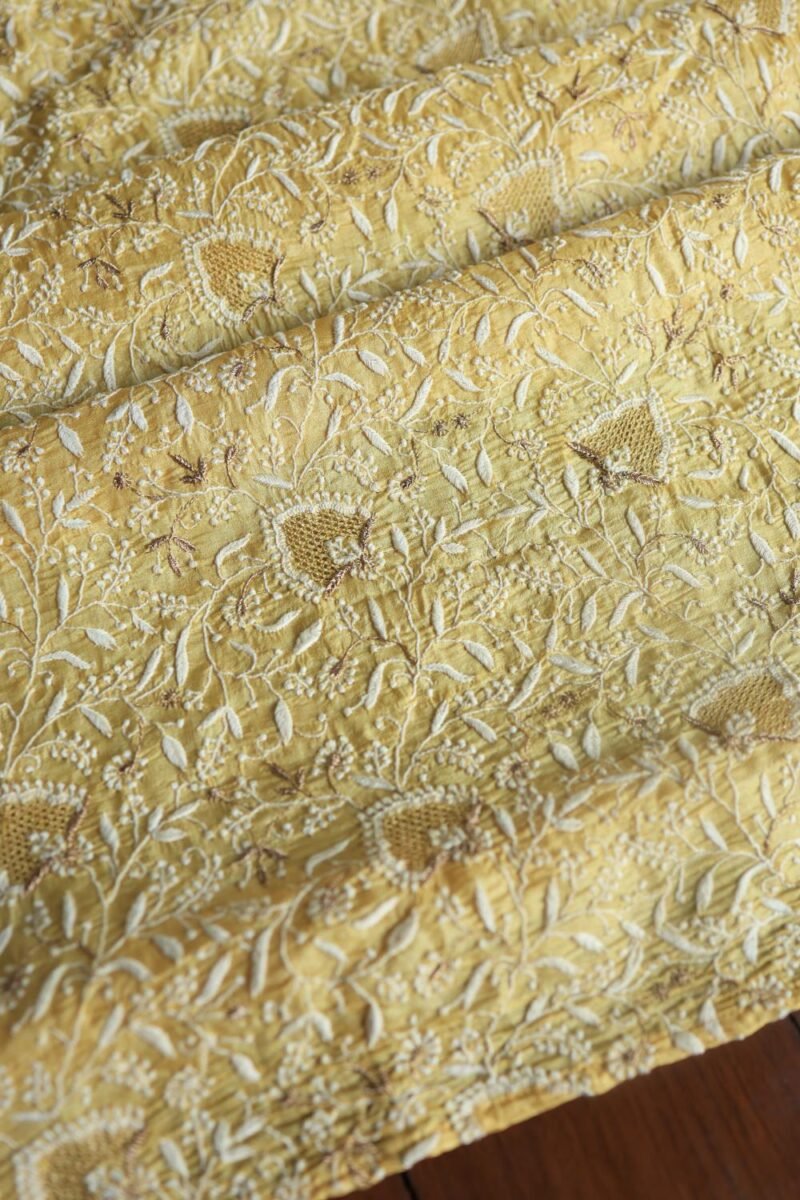 Yellow Paper Tussar Resham Chikankari Unstitched Kurta Dupatta Set