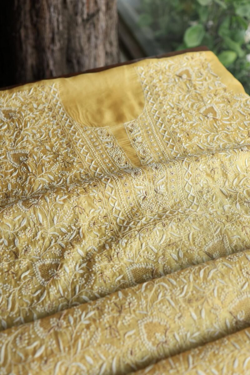 Yellow Paper Tussar Resham Chikankari Unstitched Kurta Dupatta Set