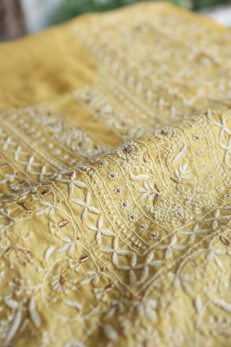 Yellow Paper Tussar Resham Chikankari Unstitched Kurta Dupatta Set