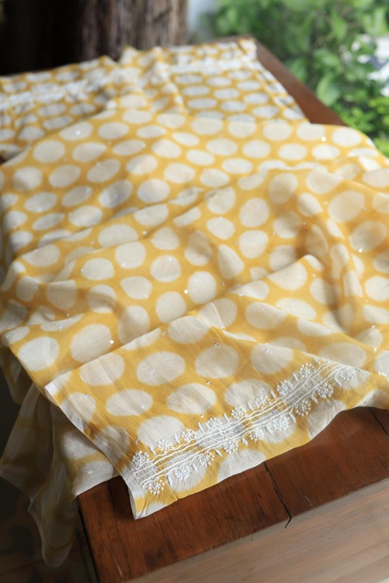 Yellow & White Soft Cotton Printed Unstitched Kurta Dupatta Set with Chikankari & Sequin Work