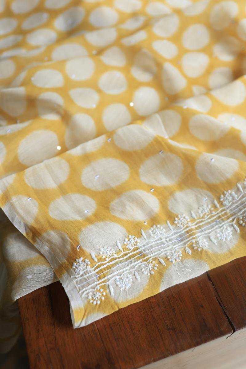 Yellow & White Soft Cotton Printed Unstitched Kurta Dupatta Set with Chikankari & Sequin Work