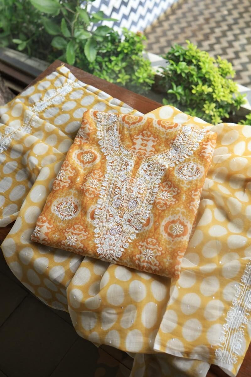 Yellow & White Soft Cotton Printed Unstitched Kurta Dupatta Set with Chikankari & Sequin Work