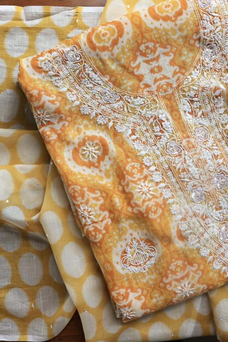 Yellow & White Soft Cotton Printed Unstitched Kurta Dupatta Set with Chikankari & Sequin Work