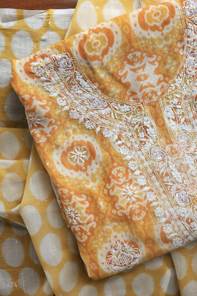 Yellow & White Soft Cotton Printed Unstitched Kurta Dupatta Set with Chikankari & Sequin Work