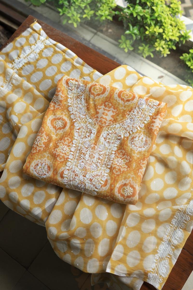 Yellow & White Soft Cotton Printed Unstitched Kurta Dupatta Set with Chikankari & Sequin Work