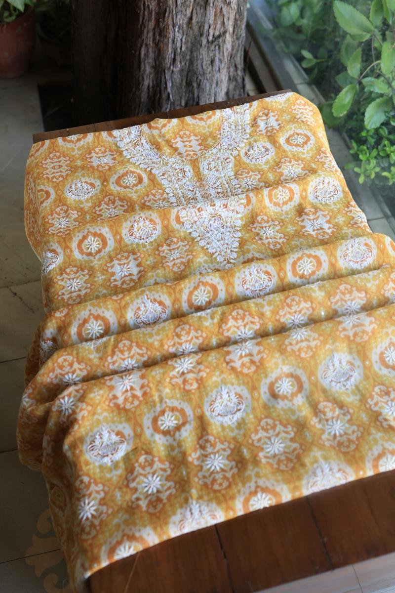 Yellow & White Soft Cotton Printed Unstitched Kurta Dupatta Set with Chikankari & Sequin Work