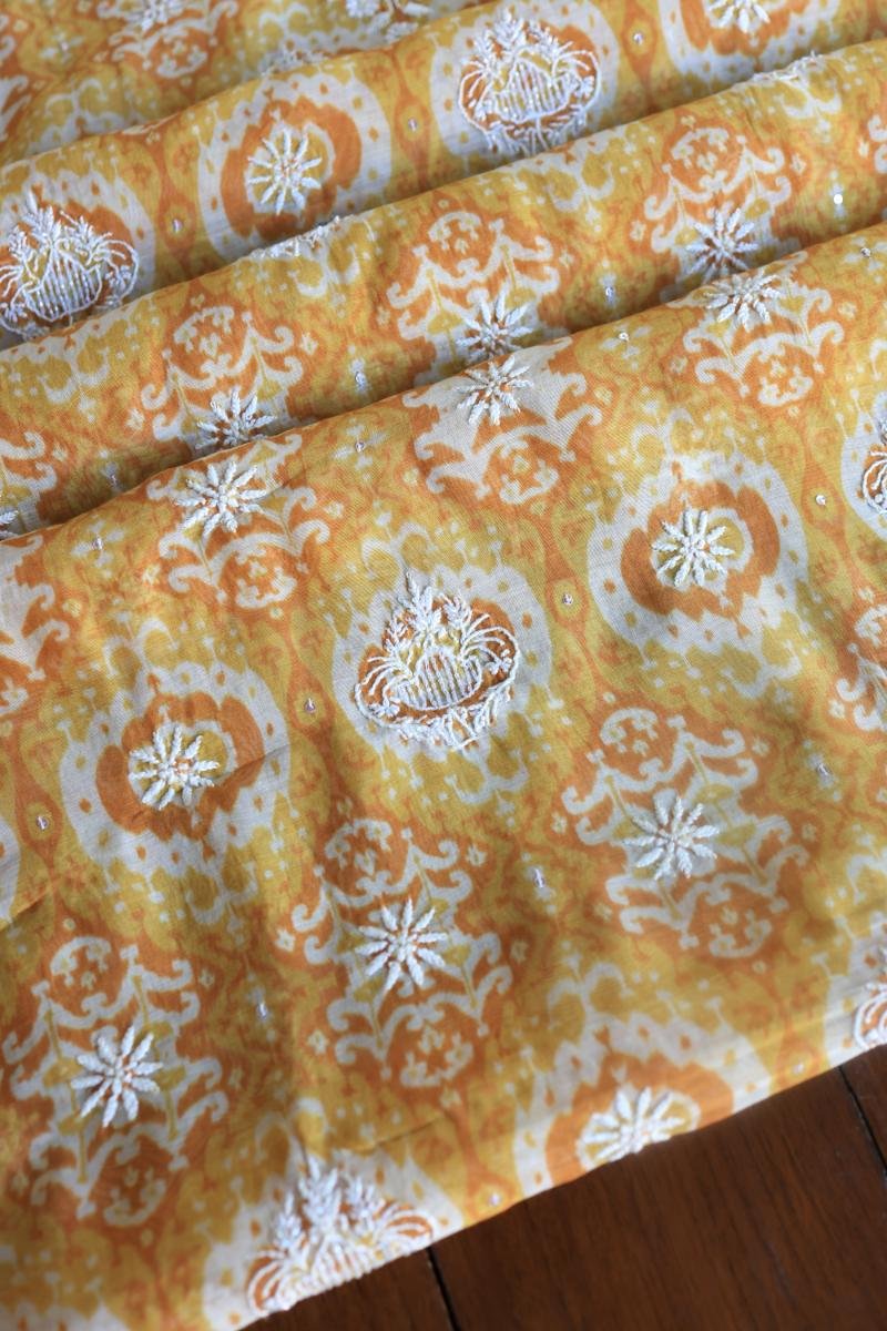 Yellow & White Soft Cotton Printed Unstitched Kurta Dupatta Set with Chikankari & Sequin Work