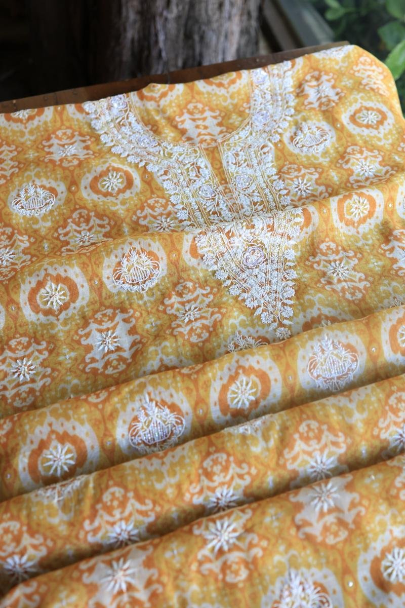 Yellow & White Soft Cotton Printed Unstitched Kurta Dupatta Set with Chikankari & Sequin Work