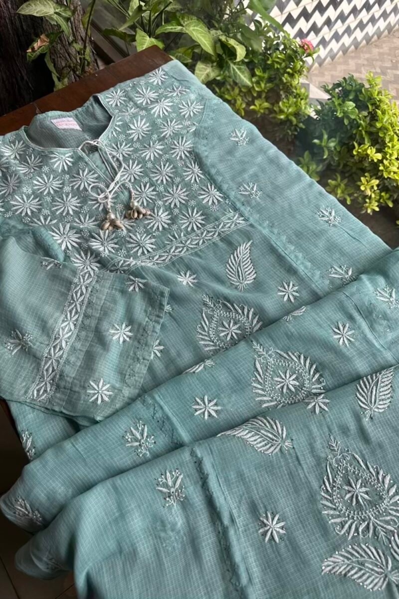 Green Semi Stitched Kota Chikankari Kurta Dupatta Set With All Over Mukaish Kamdani Work