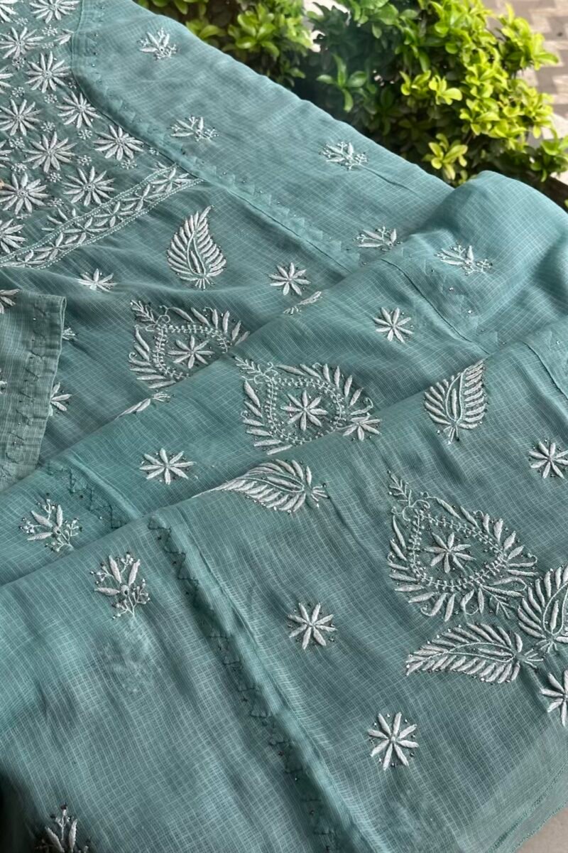 Green Semi Stitched Kota Chikankari Kurta Dupatta Set With All Over Mukaish Kamdani Work