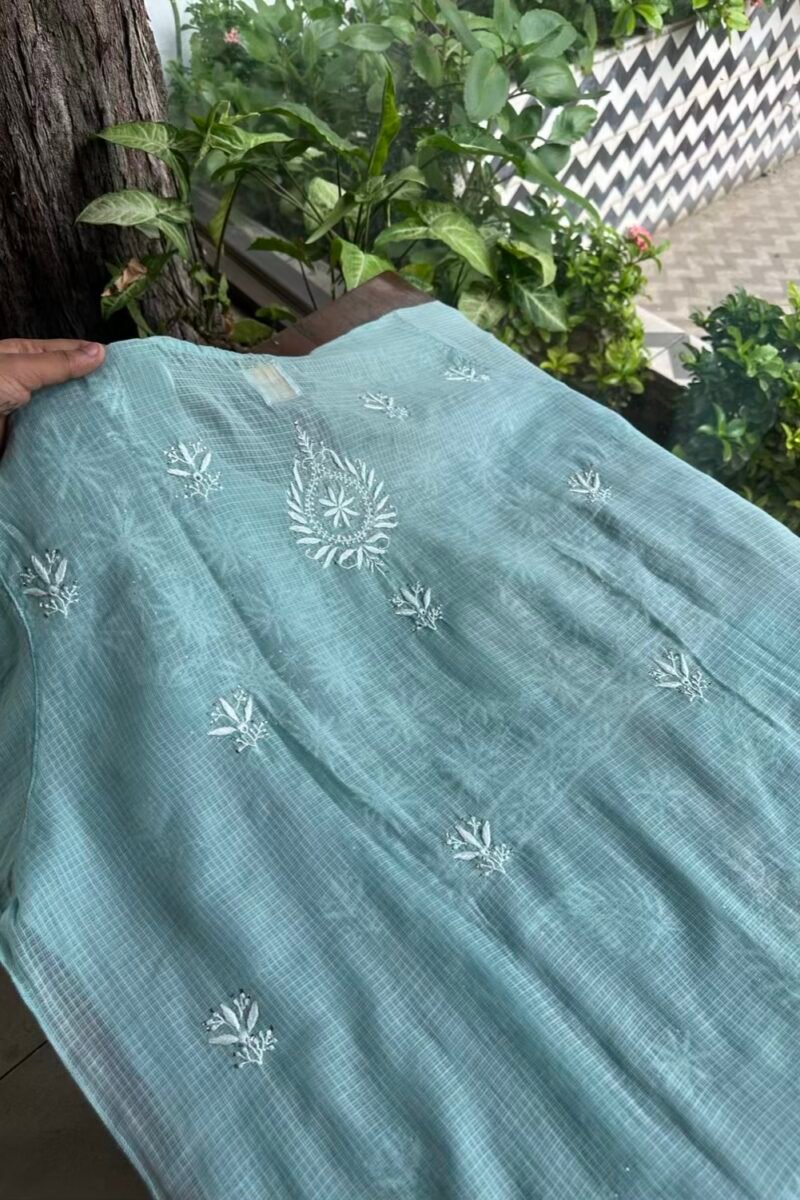 Green Semi Stitched Kota Chikankari Kurta Dupatta Set With All Over Mukaish Kamdani Work